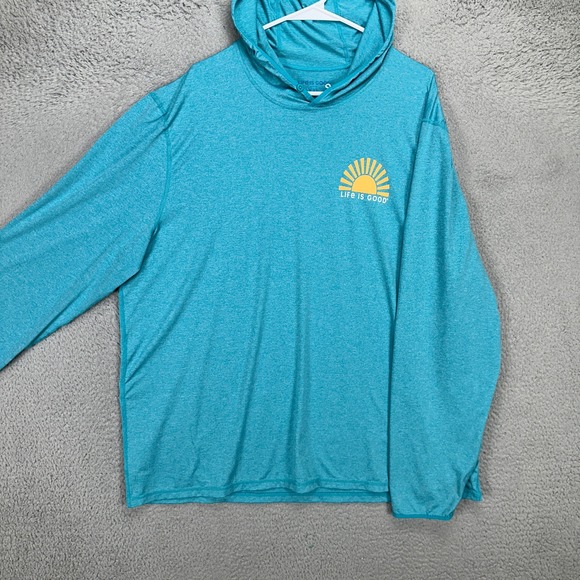 Life Is Good Active Men Hoodie Shirt 2XL Blue Graphic Print Pullover Lightweight